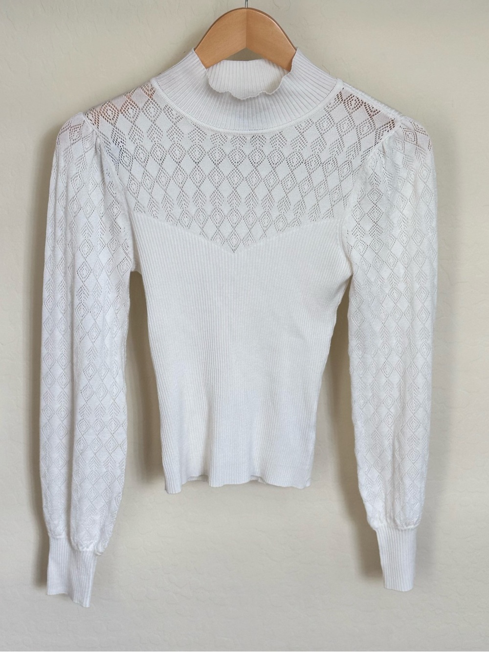Major Label Group Sheer Pointelle Lace Yoke Ribbed Mock Neck Sweater White Small
